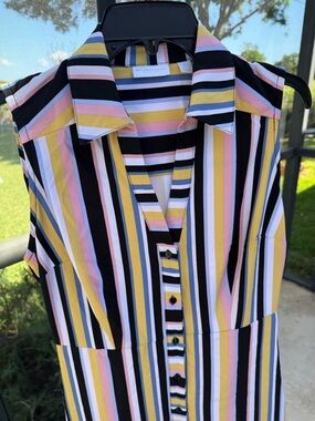New York & Company Stretch Sleeveless Striped Midi Dress - Black, Pink & Yellow